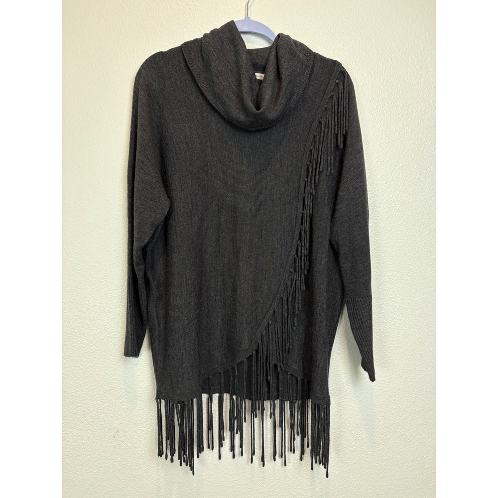 Notations Sweater  Small Charcoal Gray Grey Cowl Neck Fringe Hem Western Boho